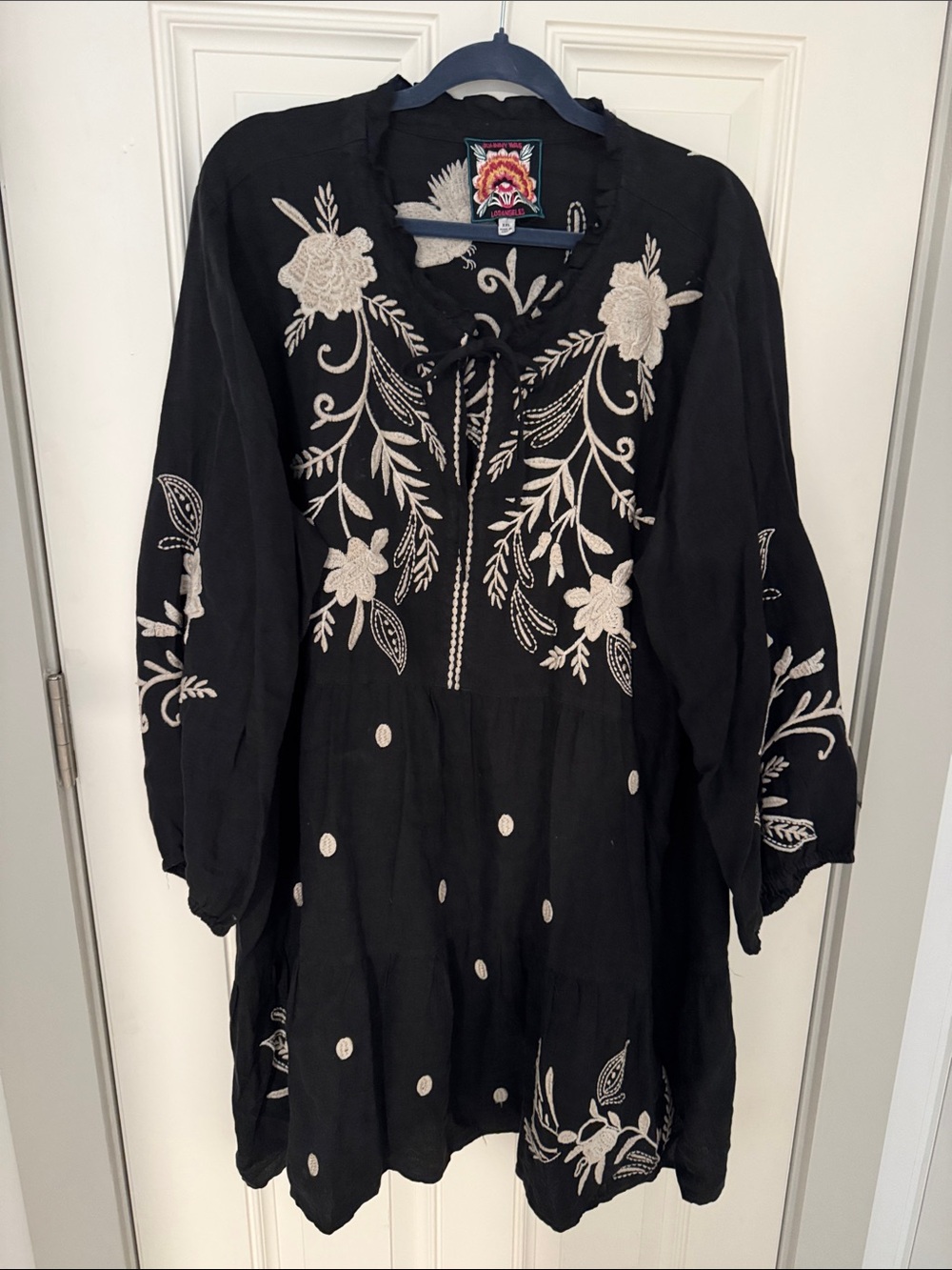 Johnny Was Black Tunic Dress with Cream Floral Embroidery